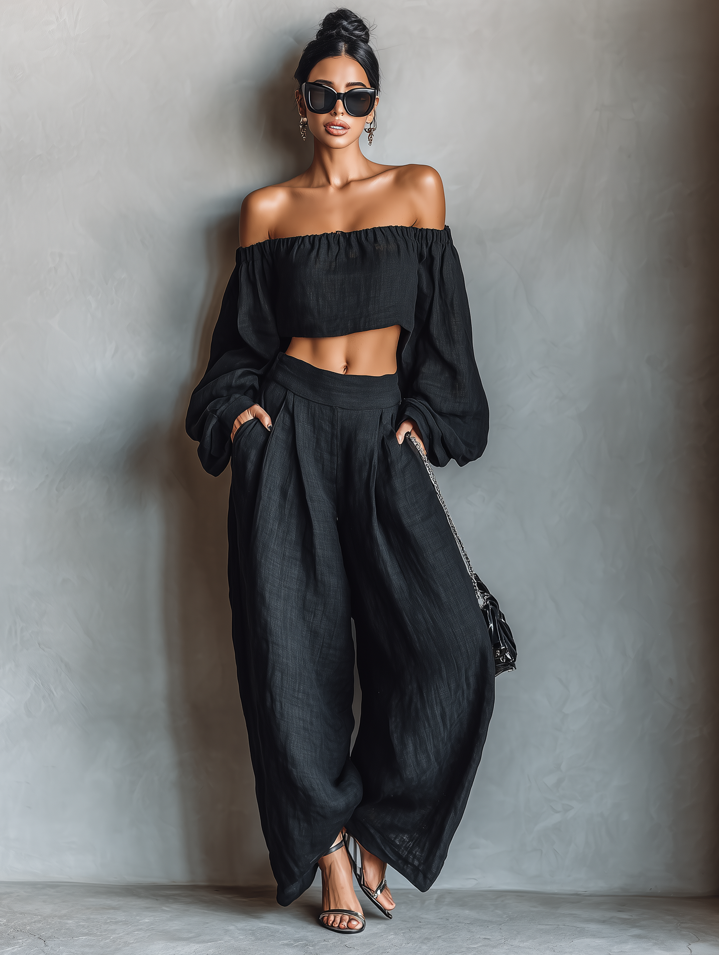 Cristina | Conjunto de Lino Blusa Larga Sin Tirantes y Pantalón Ancho