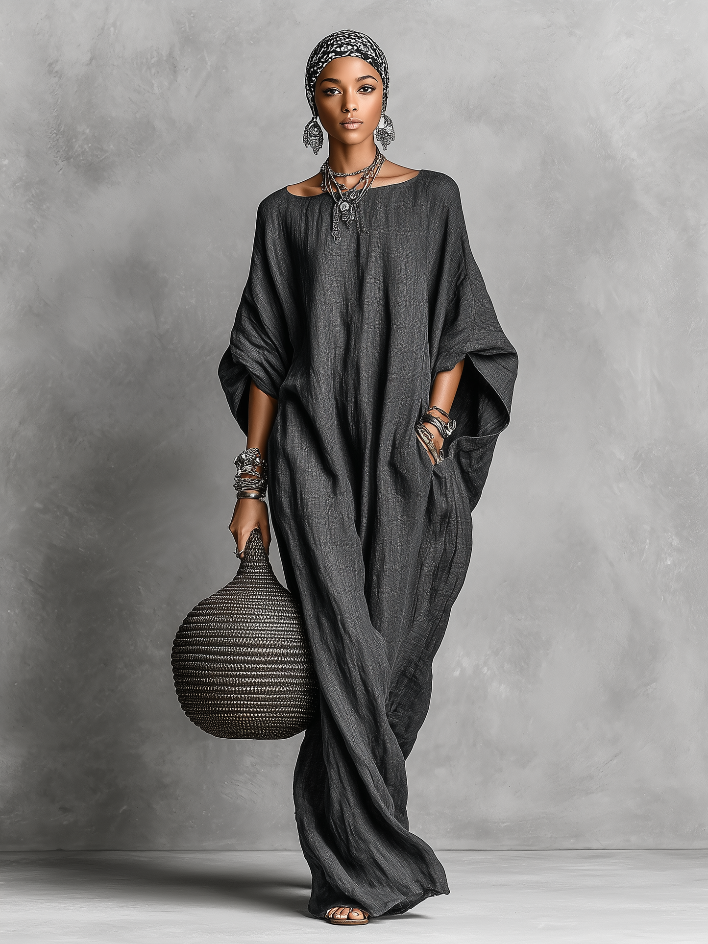 Emira | Vestido Largo Holgado de Lino Mangas Murciélago