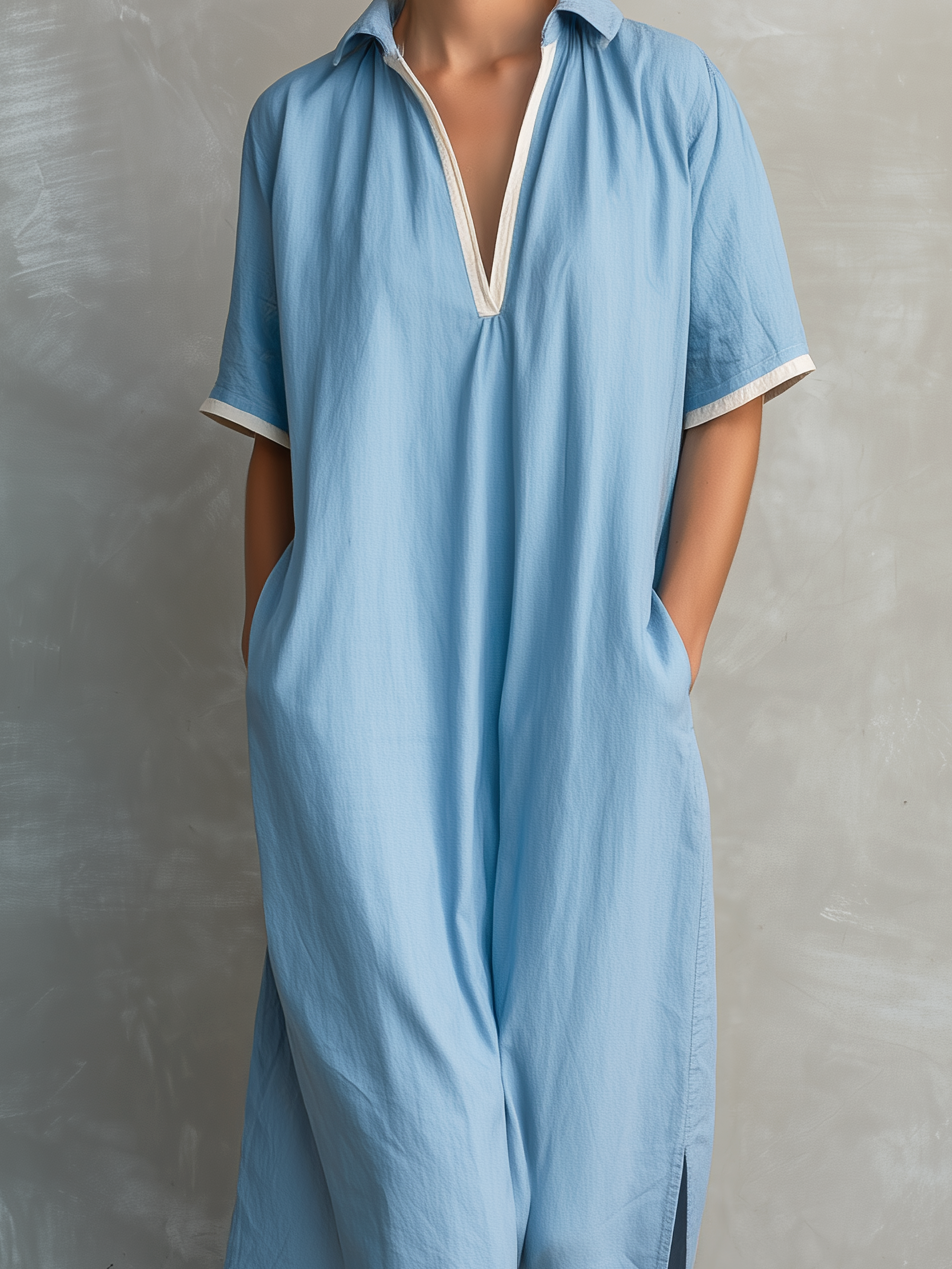 Lumina | Vestido Largo Holgado de Lino Manga Corta Cuello Camisero