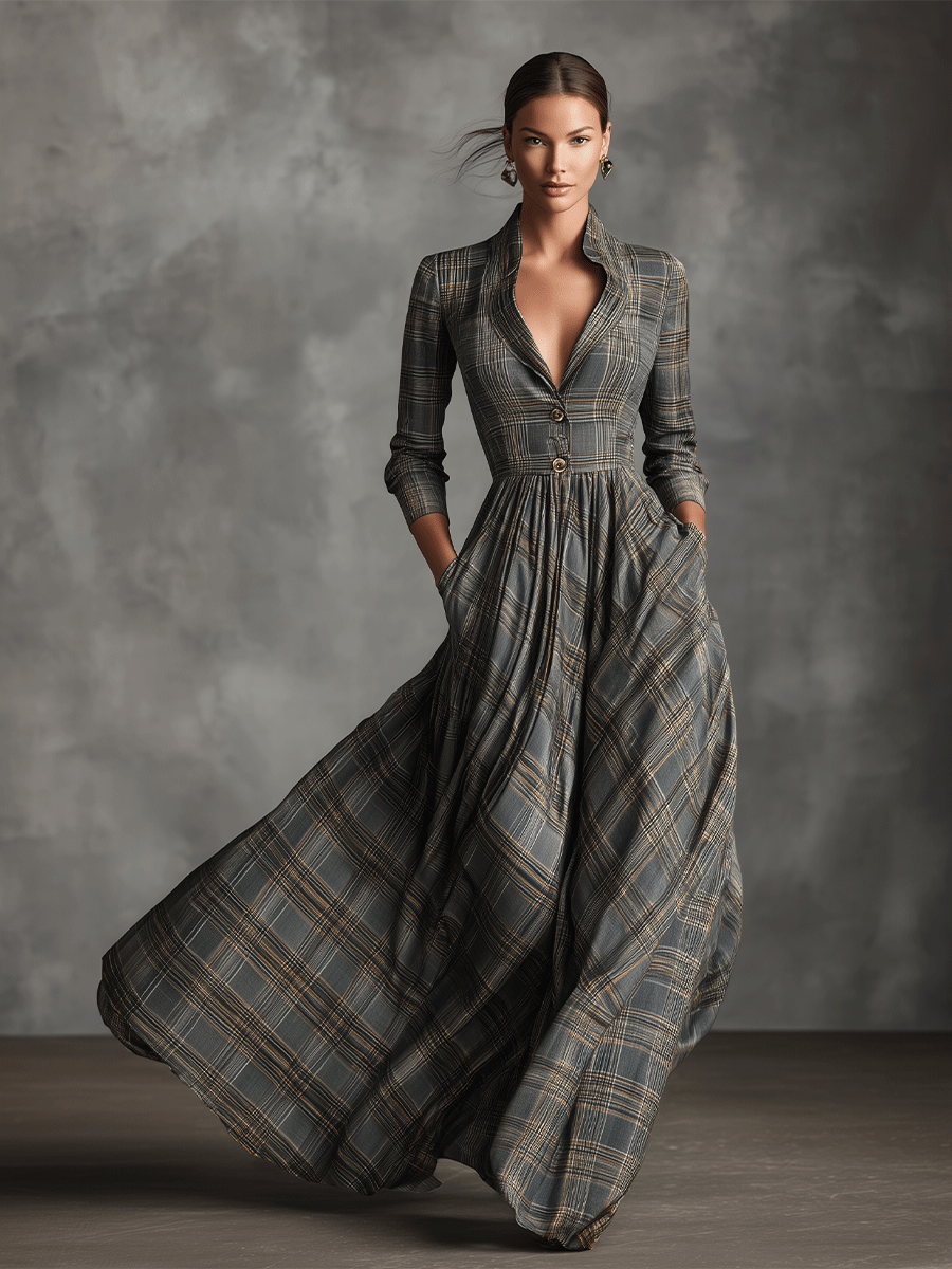Seranova | Vestido Largo Acampanado de Lino con Estampado de Tartán