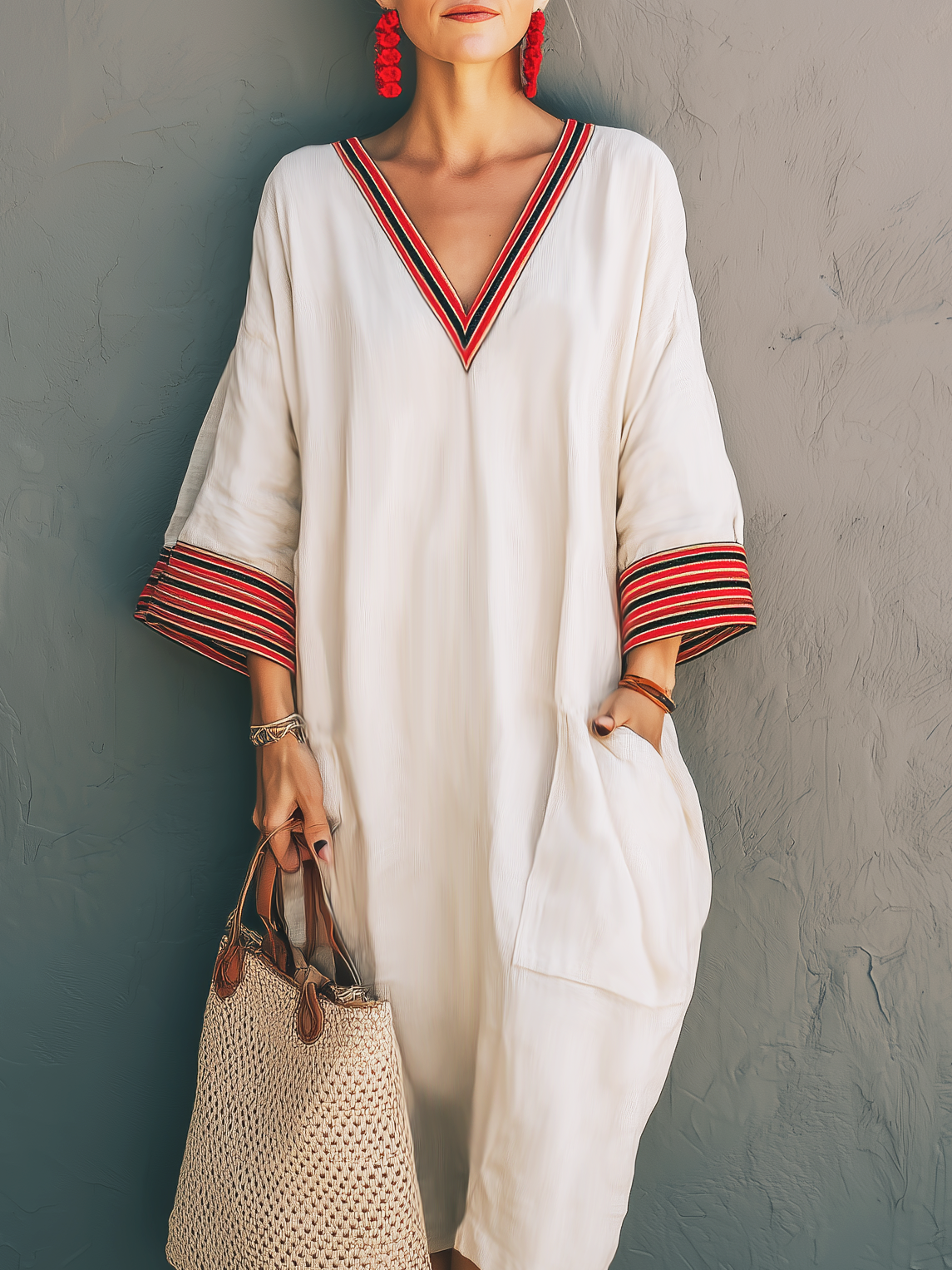 Zarel | Vestido Largo Holgado de Manga Media con Cuello en V y Bordados