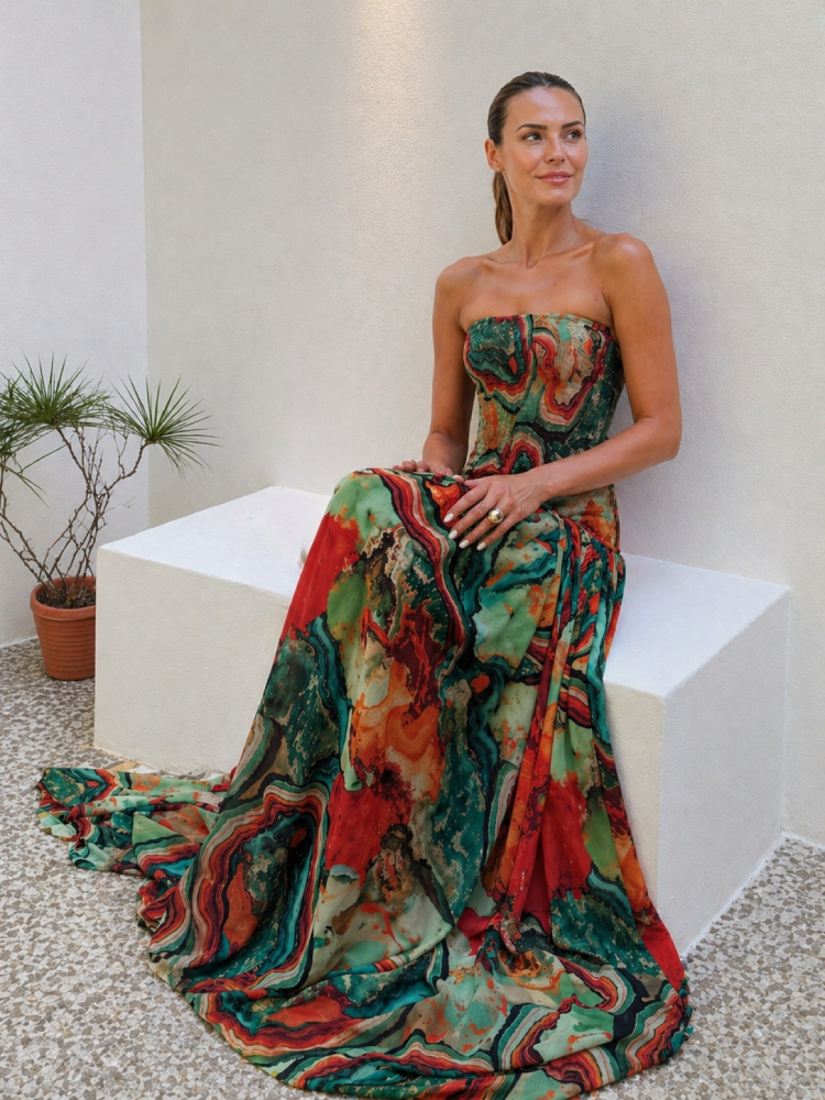 Sairen | Vestido Largo Abstracto Sin Tirantes