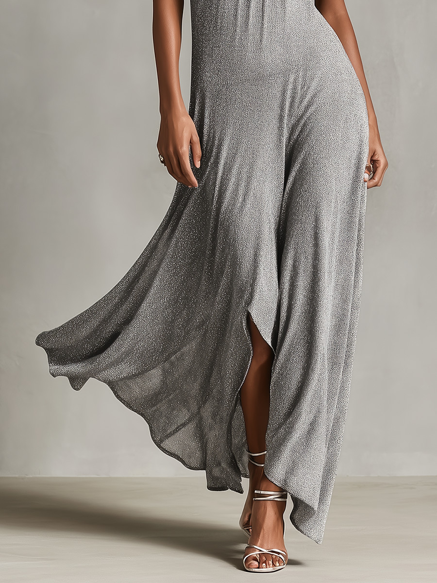 Danira | Vestido de Punto Metalizado con Cuello Halter y Bajo Asimétrico