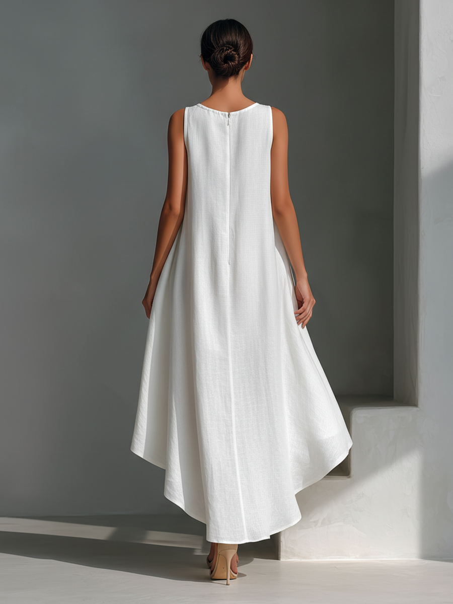 Aura | Vestido Midi de Lino Sin Mangas con Cuello Redondo y Doble Asimétrico