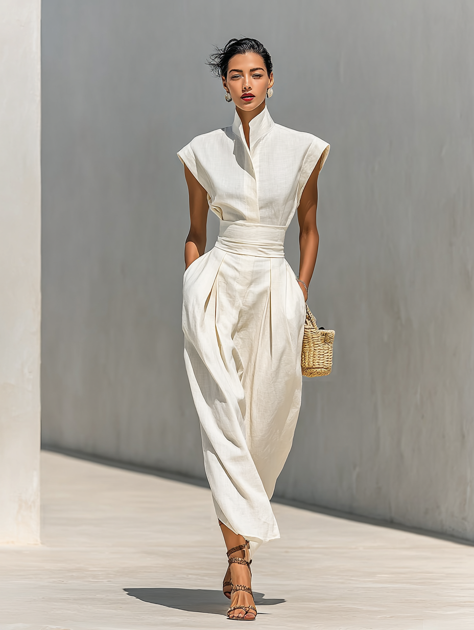 Clara | Vestido Largo Manga Corta de Algodón con Solapa y Cintura Ajustada