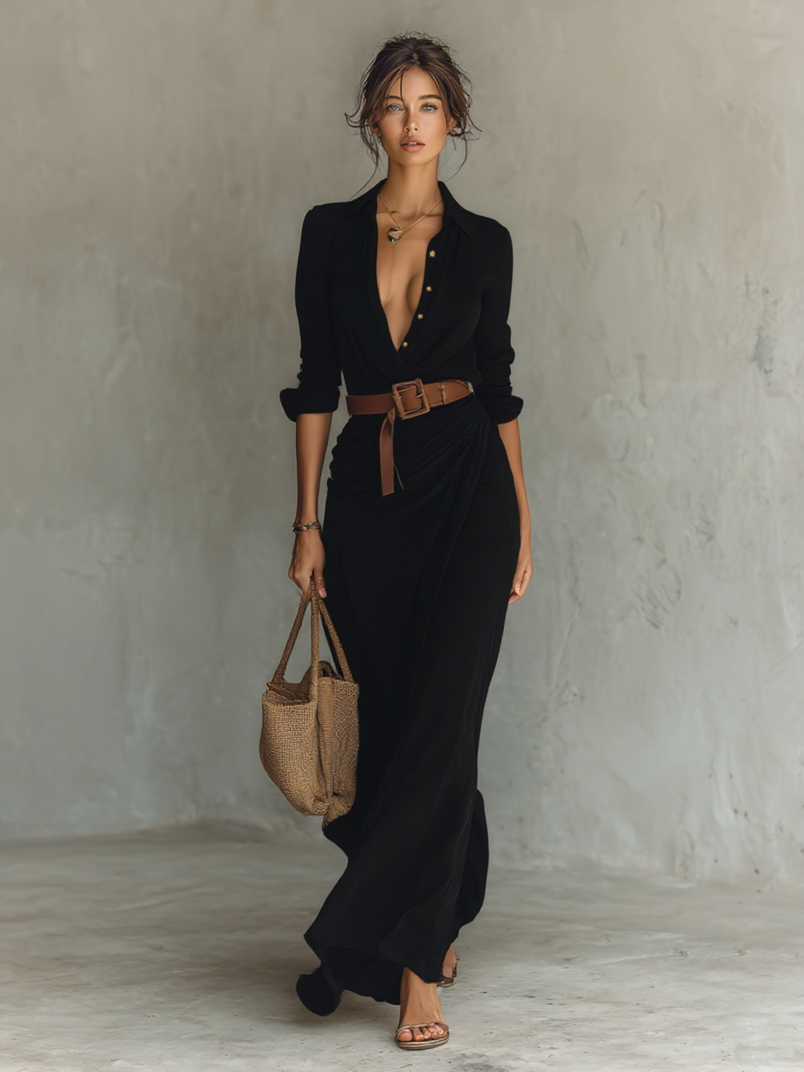 Mara | Vestido Largo con Cinturón, Solapa y Botonadura