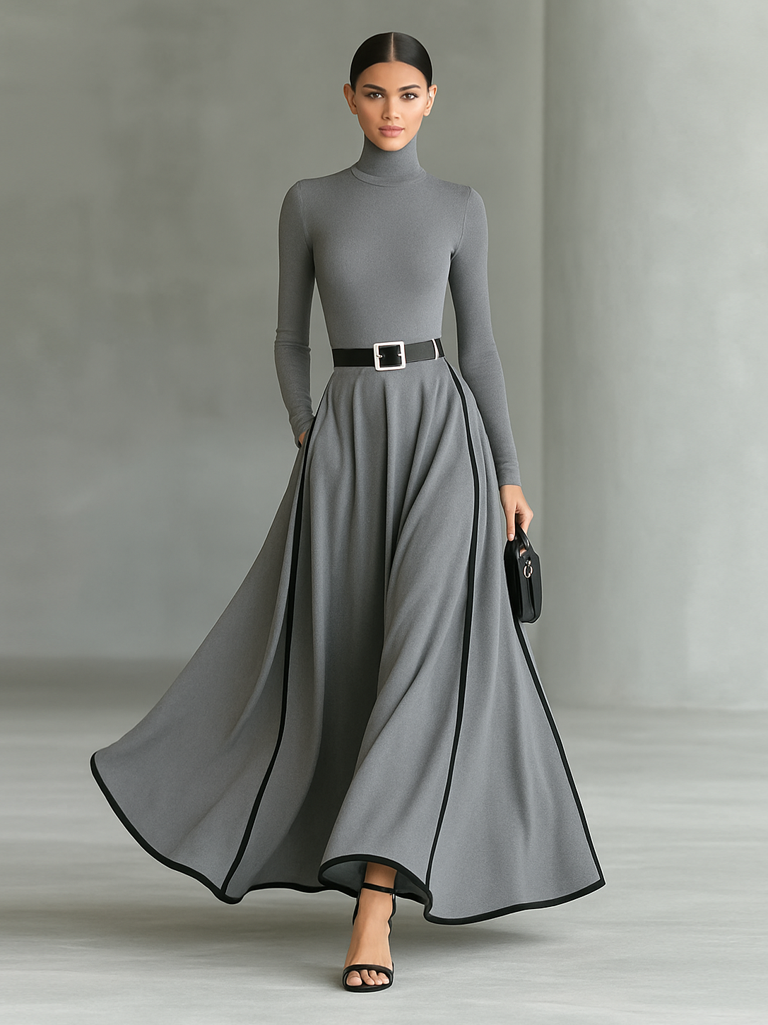 Aureva | Vestido Largo Cuello Alto con Mangas Largas y Cinturón Ajustado
