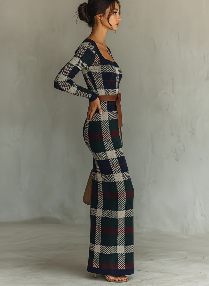 Ena | Vestido Largo de Punto a Cuadros con Cuello Cuadrado y Cinturón