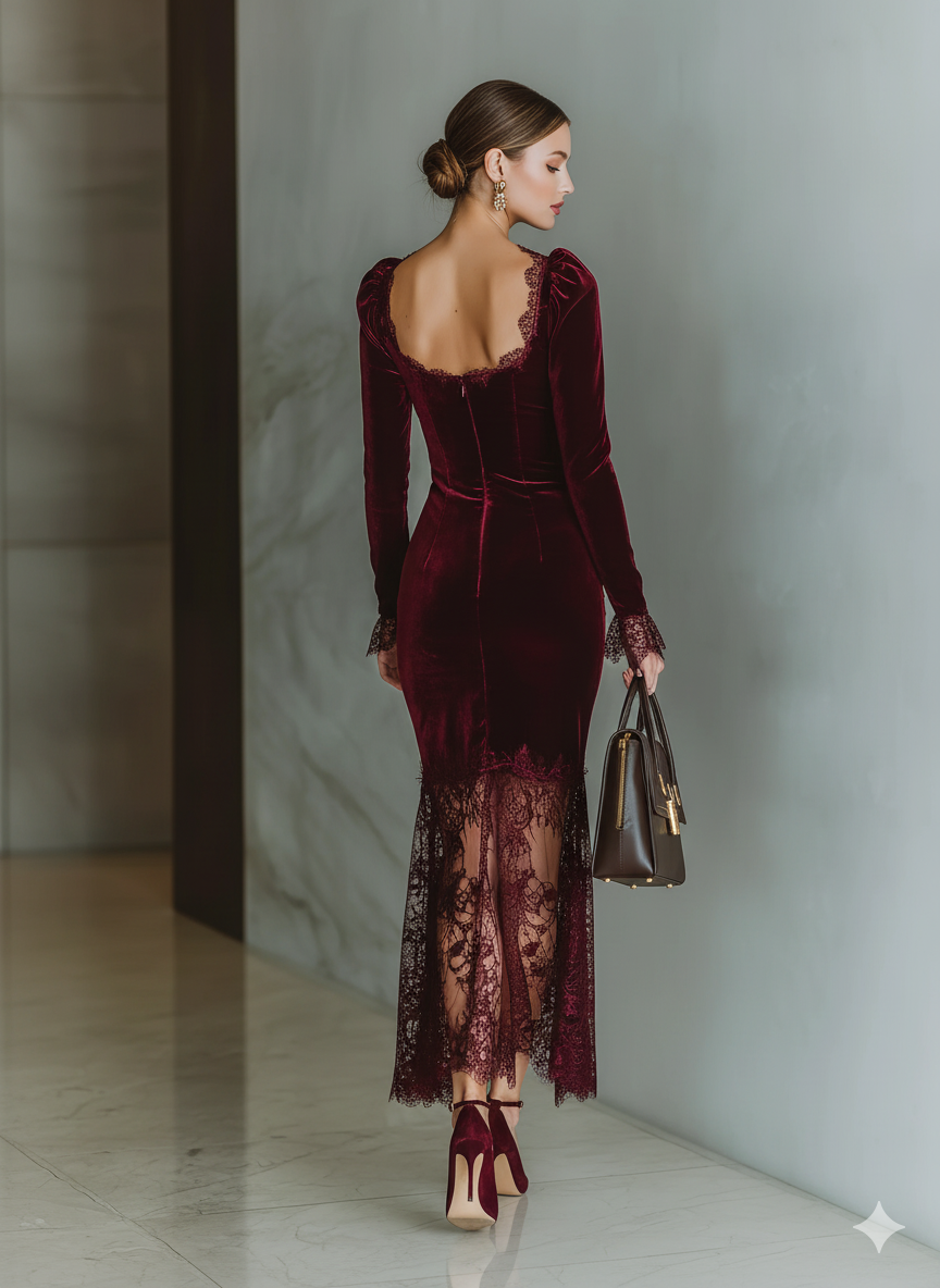 Zareva | Vestido Largo Ajustado de Terciopelo Con Encaje