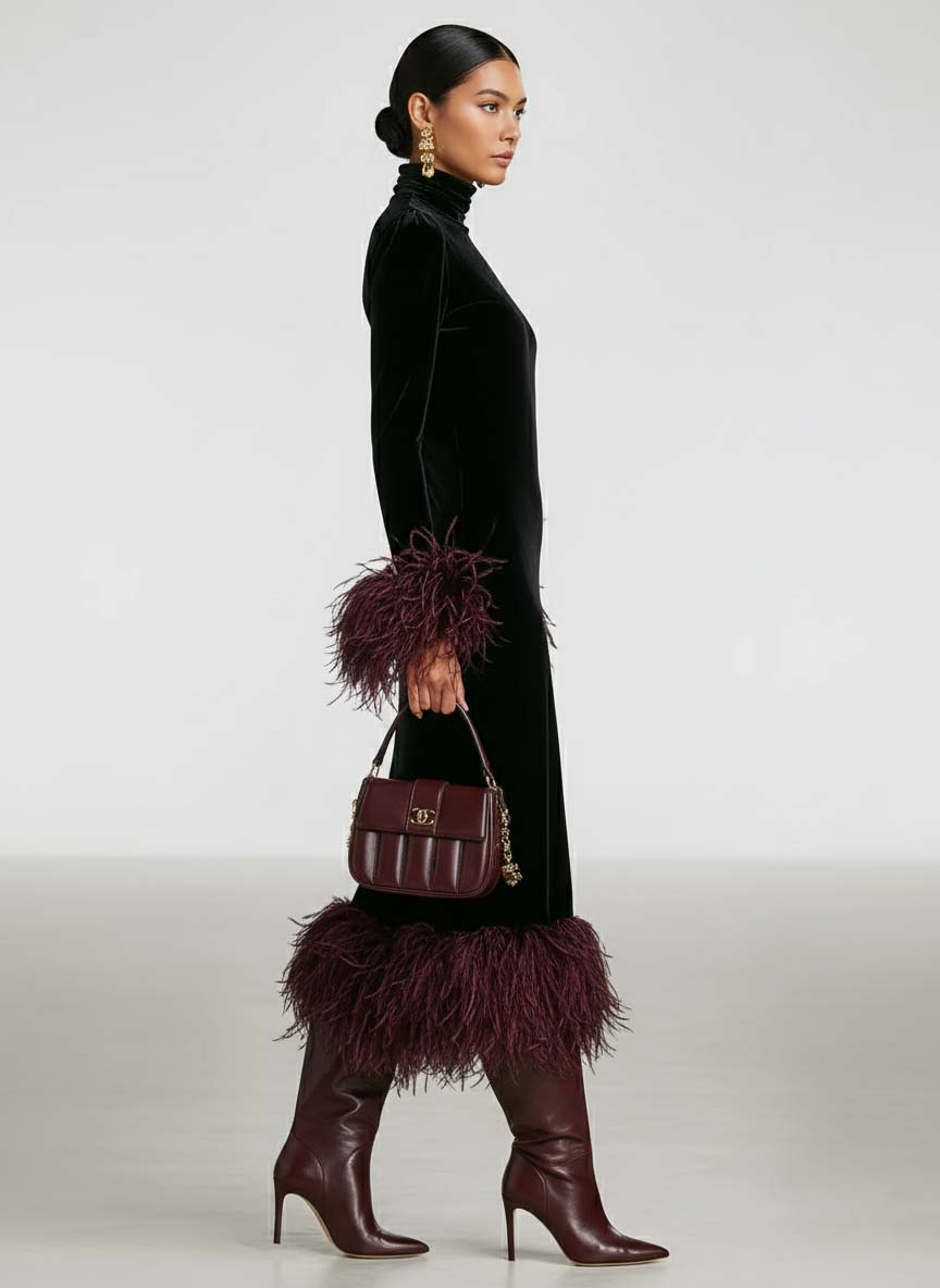 Austria | Vestido Largo de Terciopelo con Patchwork y Detalles de Plumas de Avestruz