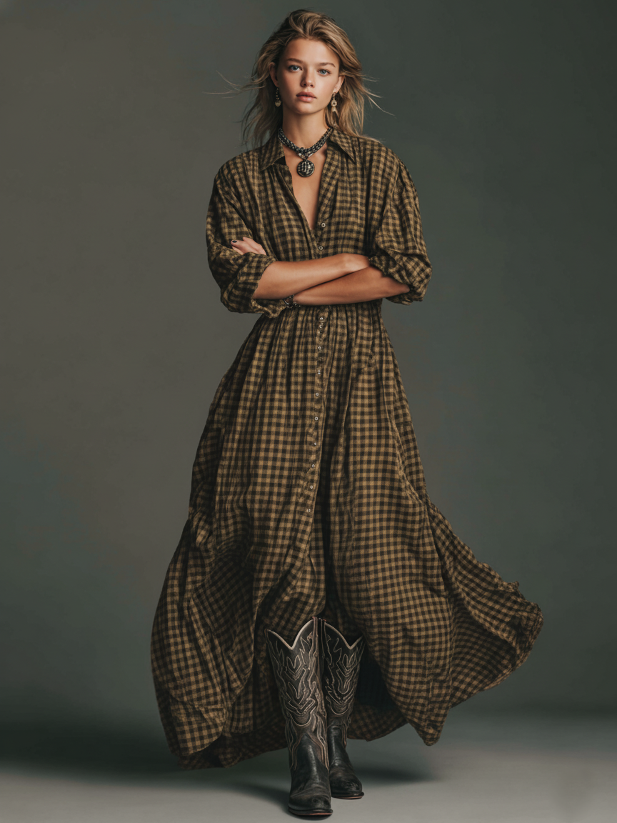 Pastora | Vestido Largo Camisero Manga Larga a Cuadros