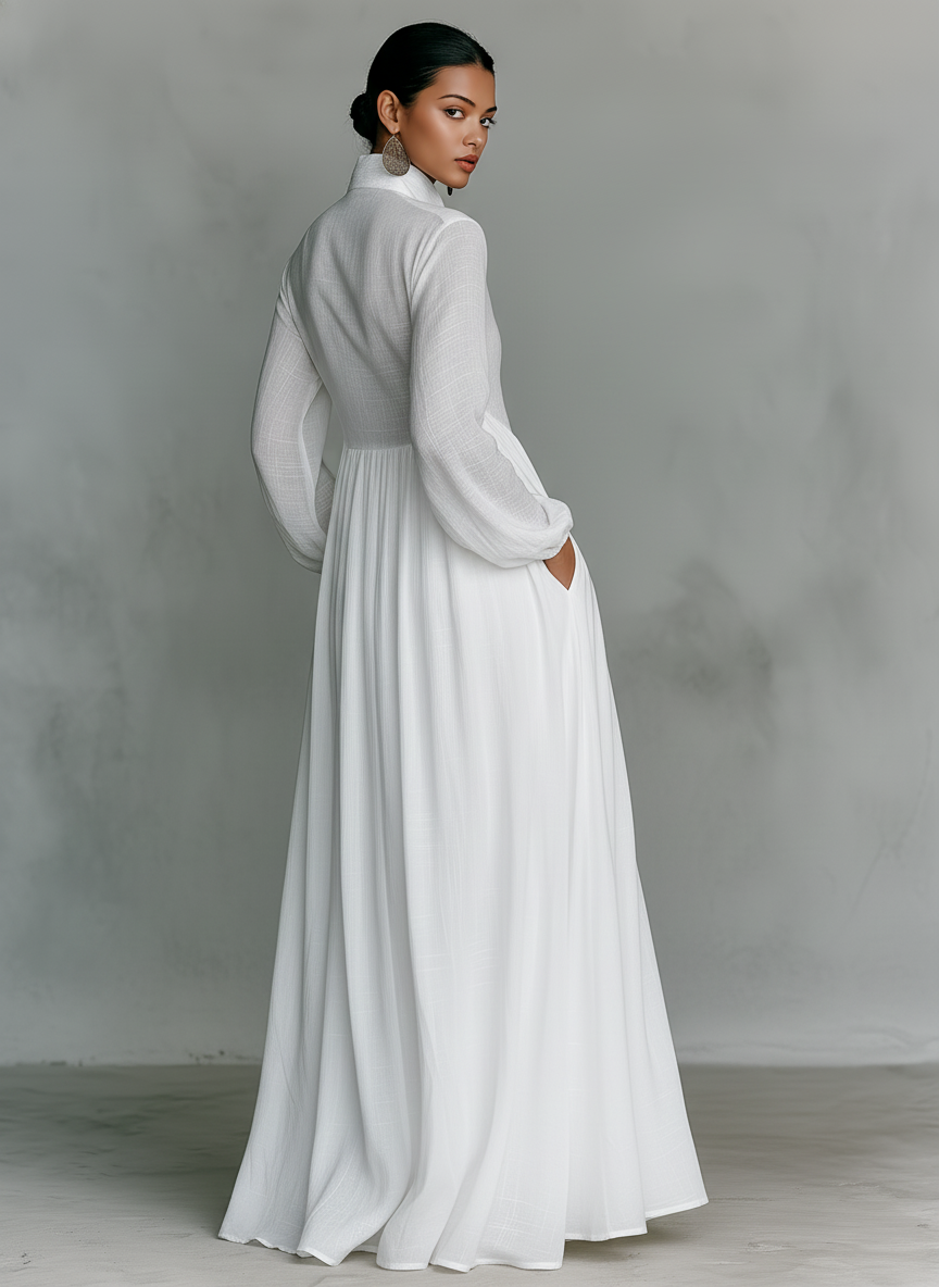 Celeste | Vestido Largo con Cuello Alto y Botonadura