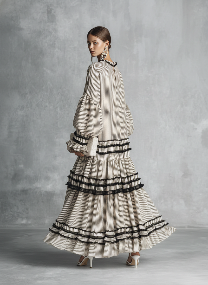 Centinela | Vestido Largo Manga Larga Volantes y Rayas Estilo Boho