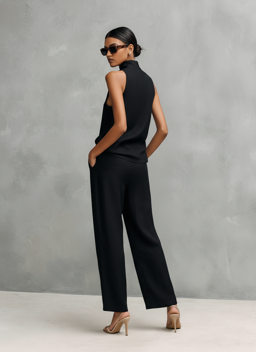 Kaira | Conjunto Elegante de Lino Top Sin Mangas Cuello Redondo y Pantalón