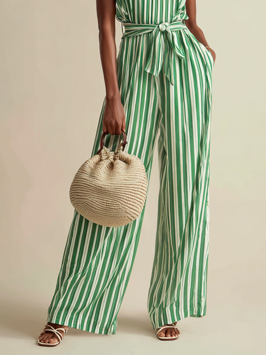 Versera | Mono Vacacional a Rayas con Cuello Halter y Pernera Ancha