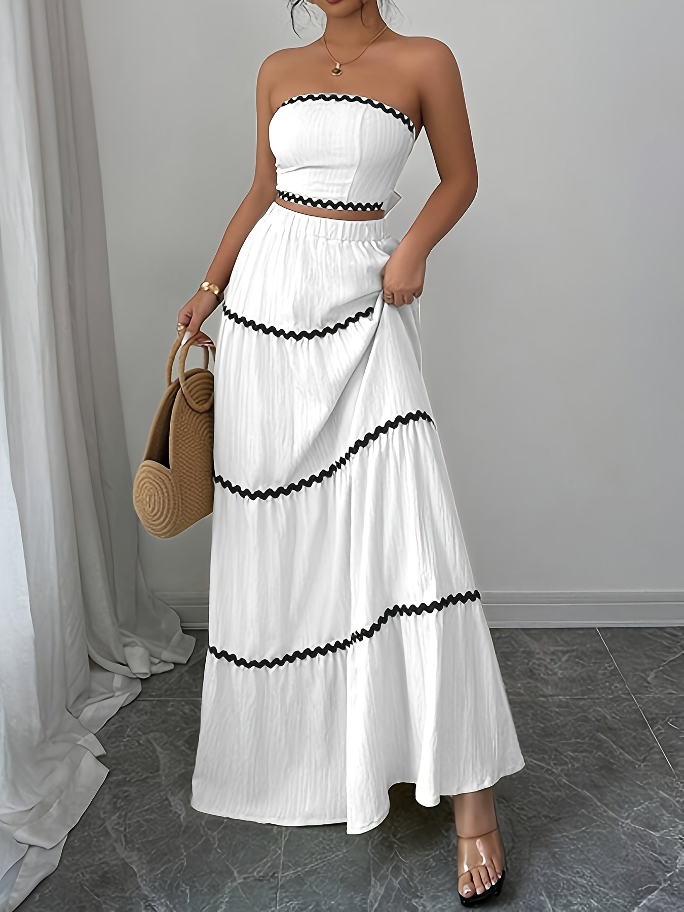 Selena | Conjunto Falda Boho Larga de Encaje a Rayas y Top Sin Mangas