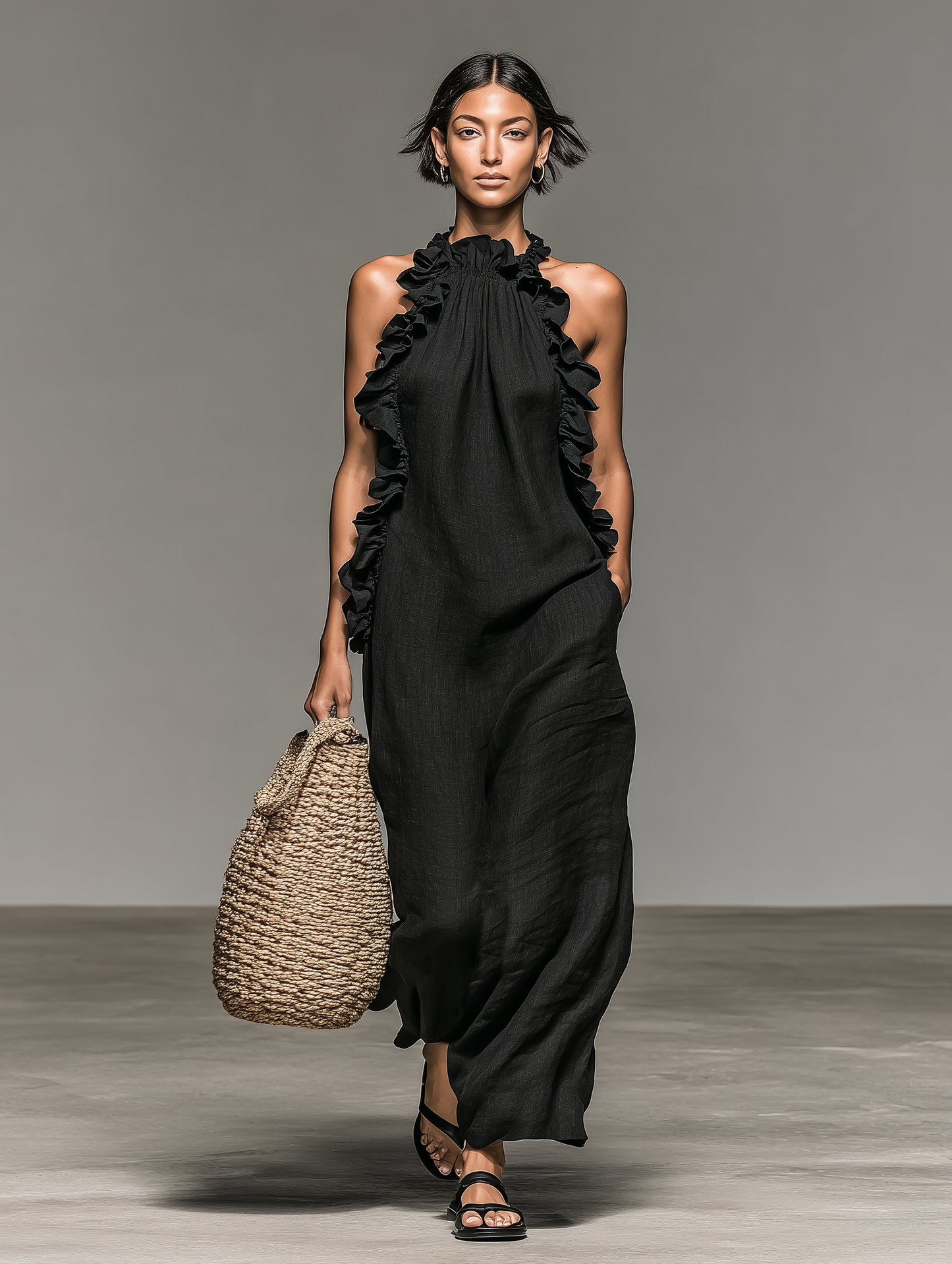 Imperia | Vestido Largo de Lino Sin Mangas Detallado con Volantes