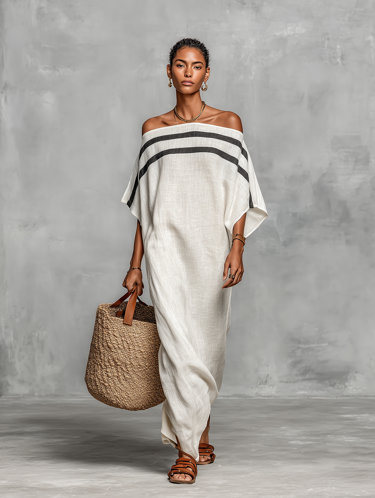 Lira | Vestido Largo de Lino Hombros Descubiertos y Mangas Murciélago