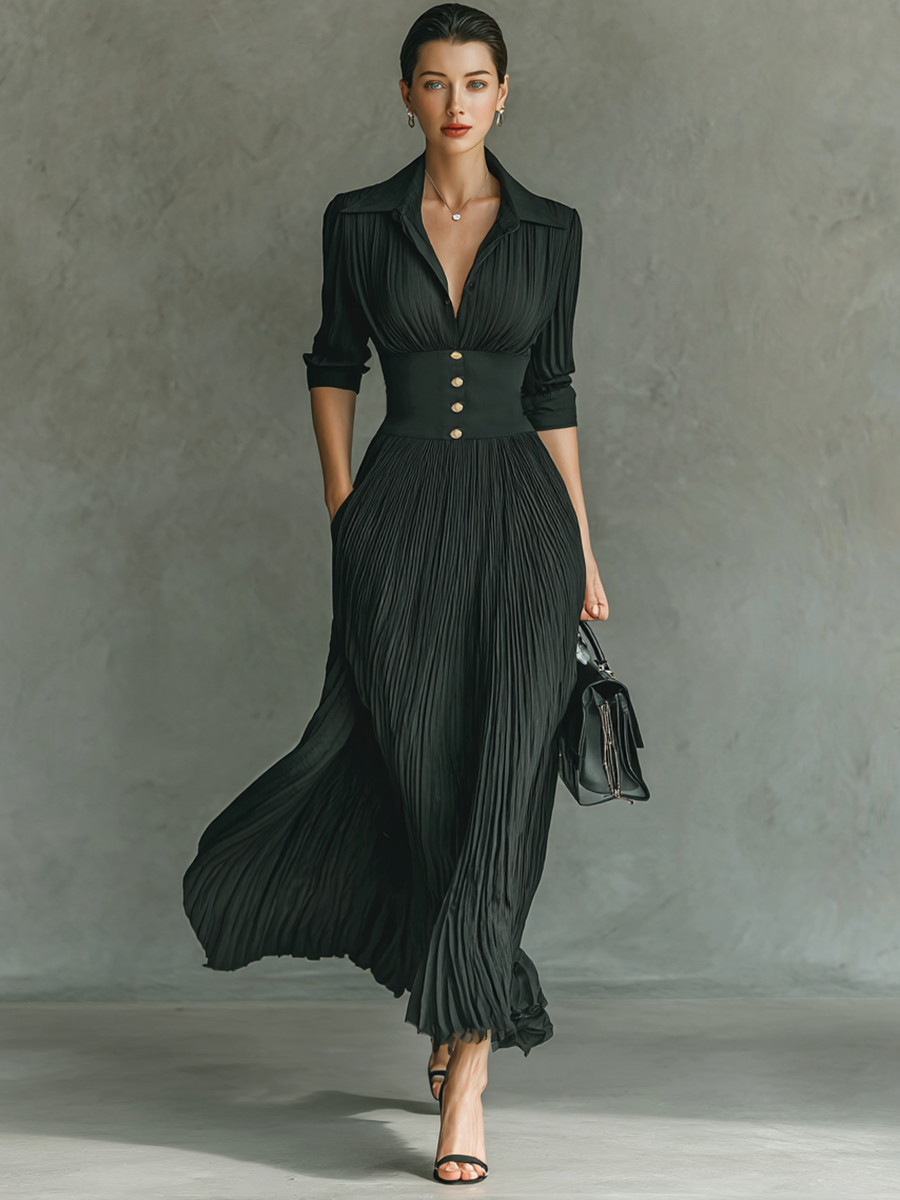 Calysse | Vestido Largo con Solapas Plisadas y Cintura Ajustada