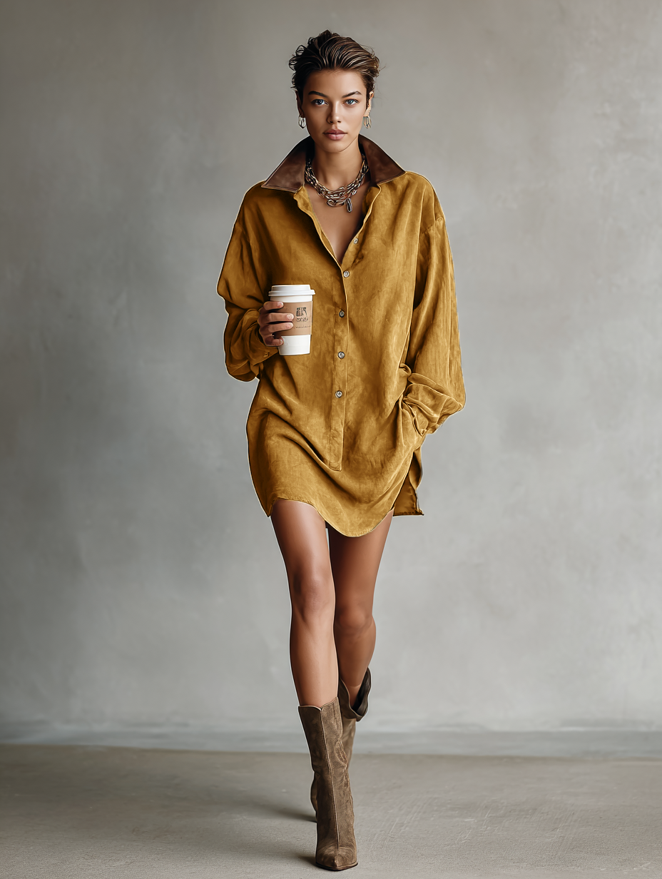 Nerea | Mini Vestido Sencillo de Ante con Solapa y Detalles Sueltos