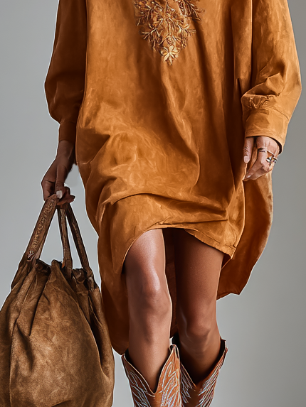 Alicia | Vestido Midi Bordado Manga Larga con Cuello en V y Solapa Suelta