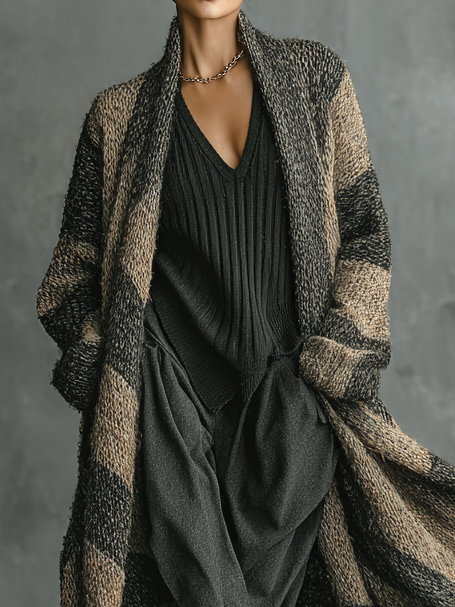 Amelia | Cárdigan Largo Holgado Retro con Rayas