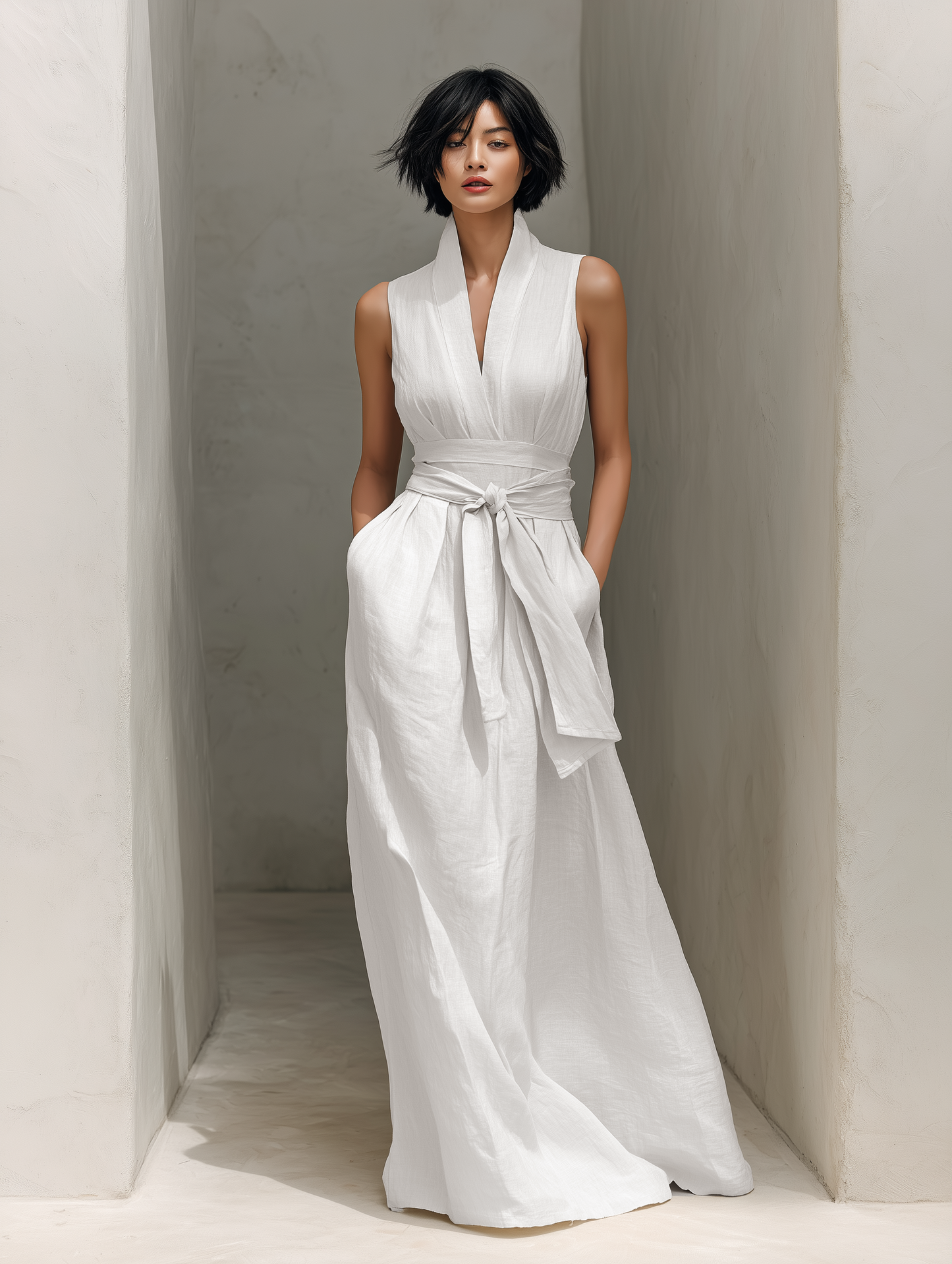 Kami | Vestido Largo de Lino Minimalista Sin Mangas Cuello en V