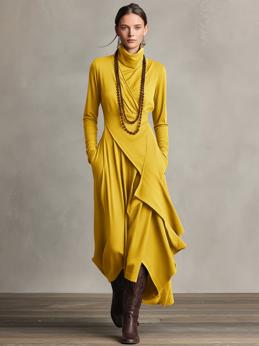 Amethysta | Vestido Largo Asimétrico Drapeado con Cuello Alto