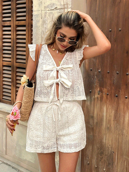 Celora | Conjunto Bordado Top Lazos Shorts