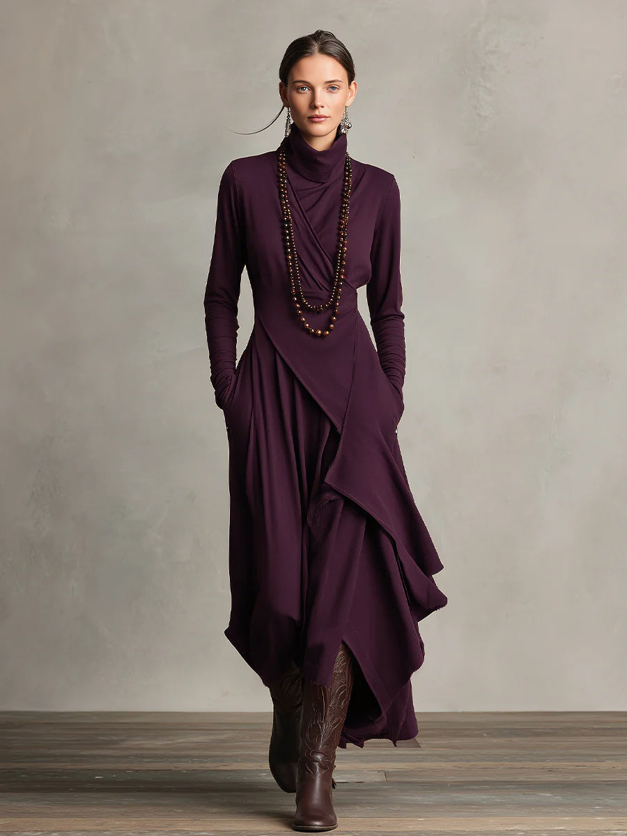 Amethysta | Vestido Largo Asimétrico Drapeado con Cuello Alto