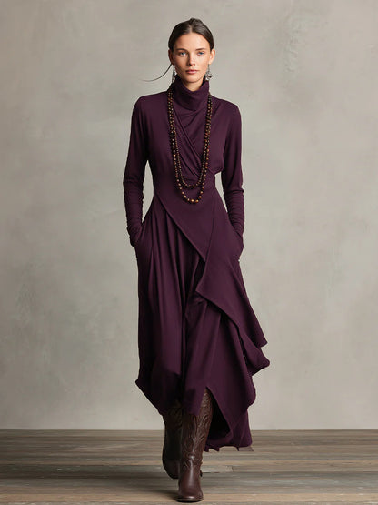 Amethysta | Vestido Largo Asimétrico Drapeado con Cuello Alto