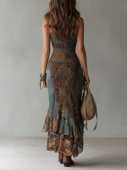 Arlune | Vestido Largo Asimétrico Estampado Étnico