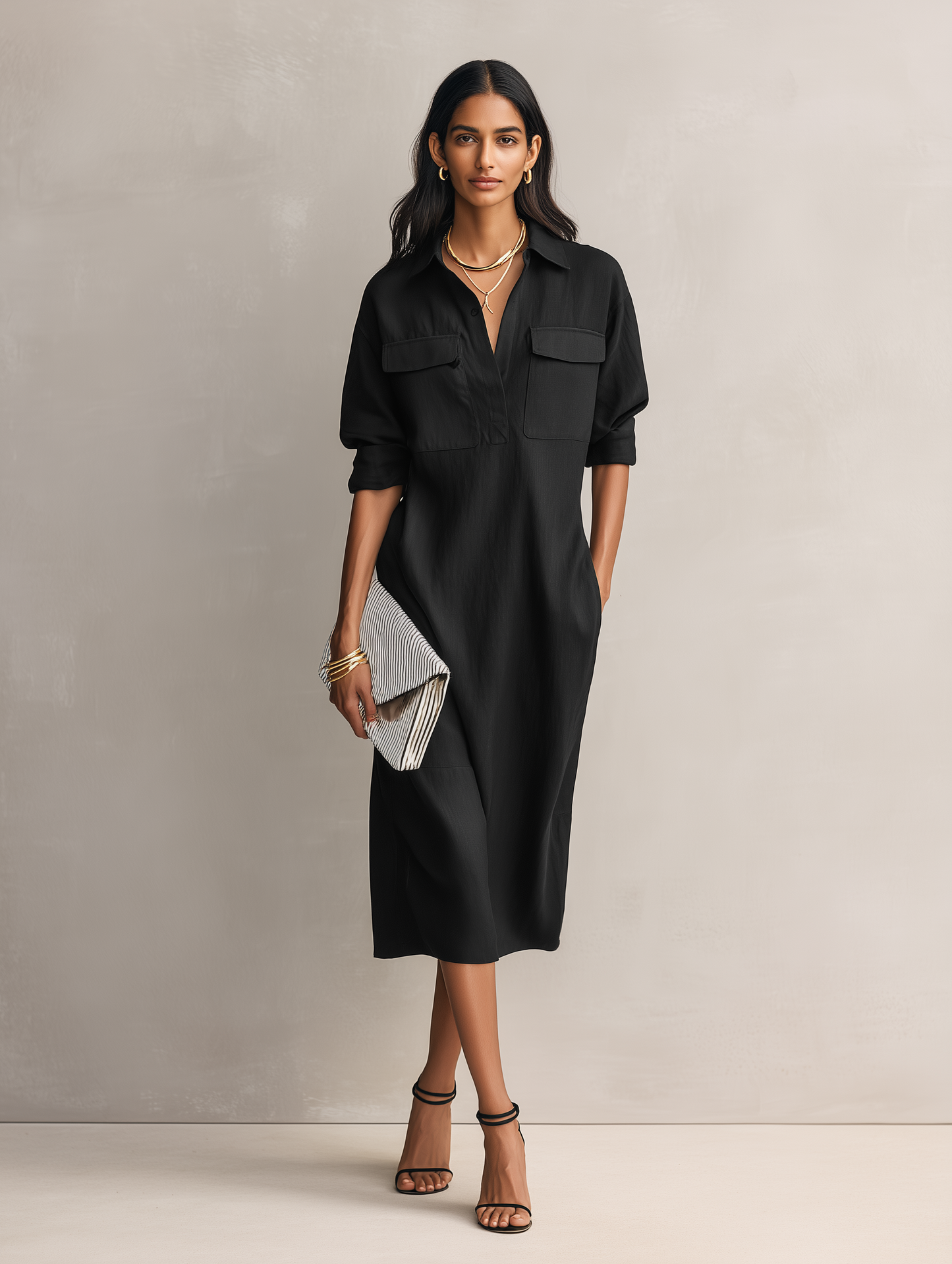 Salisa | Vestido Midi Elegante de Lino Manga Corta Cuello Camisero