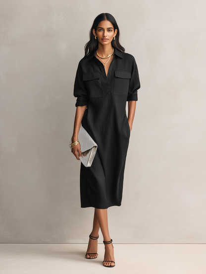 Salisa | Vestido Midi Elegante de Lino Manga Corta Cuello Camisero