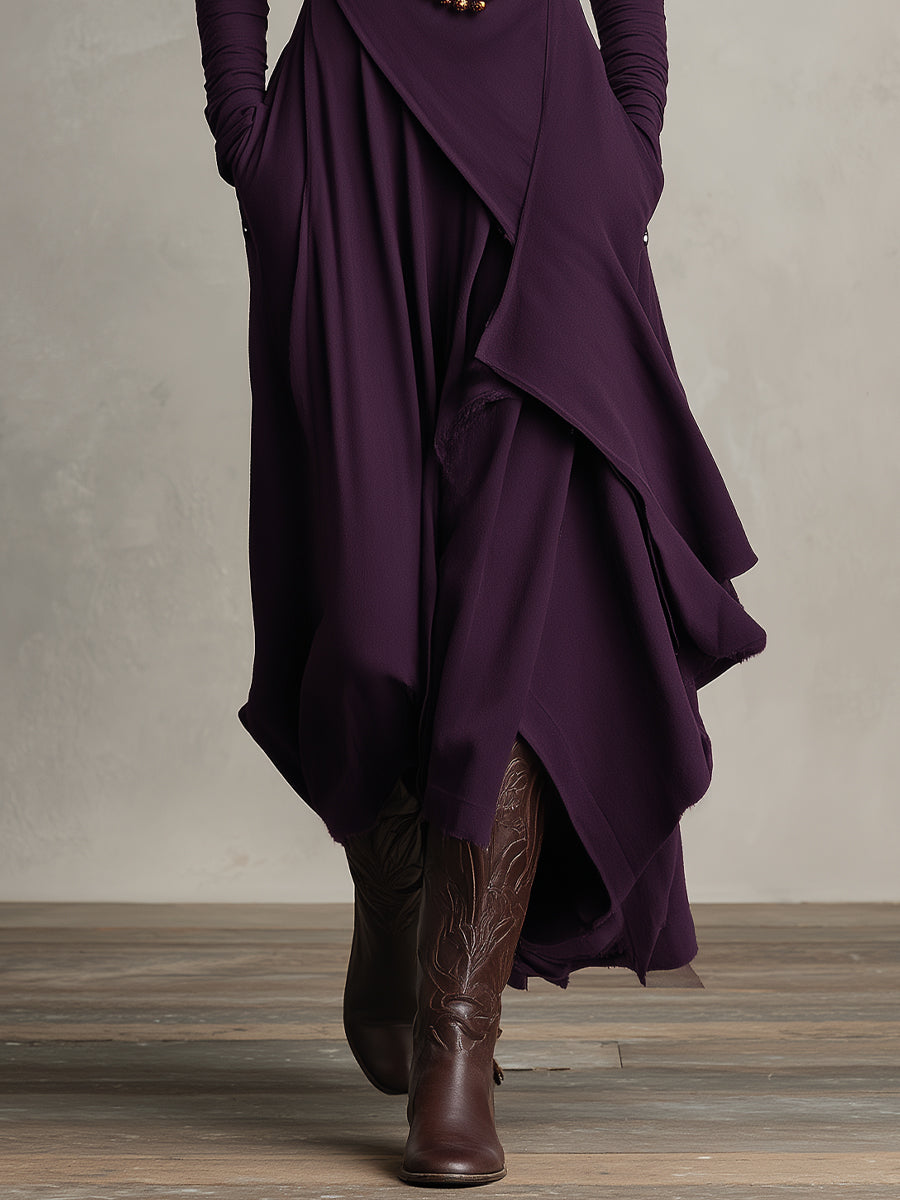 Amethysta | Vestido Largo Asimétrico Drapeado con Cuello Alto