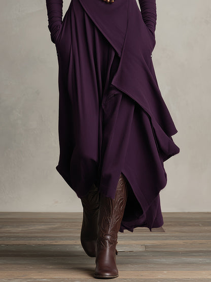 Amethysta | Vestido Largo Asimétrico Drapeado con Cuello Alto