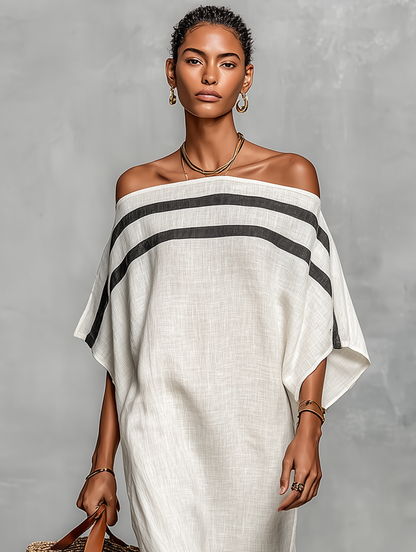 Lira | Vestido Largo de Lino Hombros Descubiertos y Mangas Murciélago