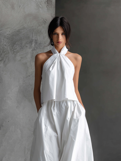 Elisenda | Conjunto Informal de Lino Top Sin Mangas Cuello Halter y Falda