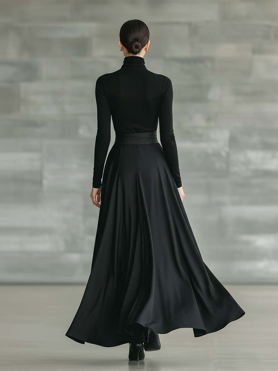 Indira | Vestido Largo Acampanado Cuello Alto de Punto Elástico y Satén