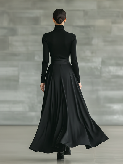 Indira | Vestido Largo Acampanado Cuello Alto de Punto Elástico y Satén