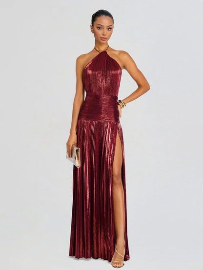 Metisa | Vestido Largo Plisado Metalizado Elegante Cuello Halter