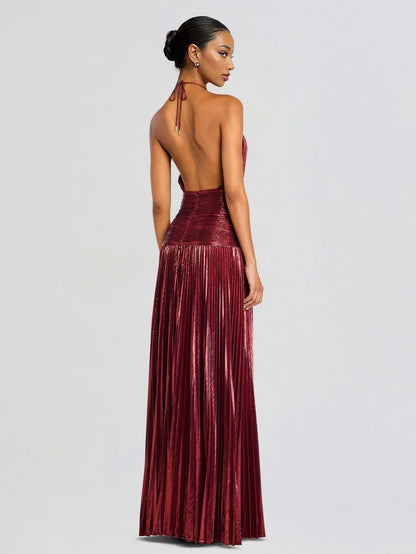 Metisa | Vestido Largo Plisado Metalizado Elegante Cuello Halter