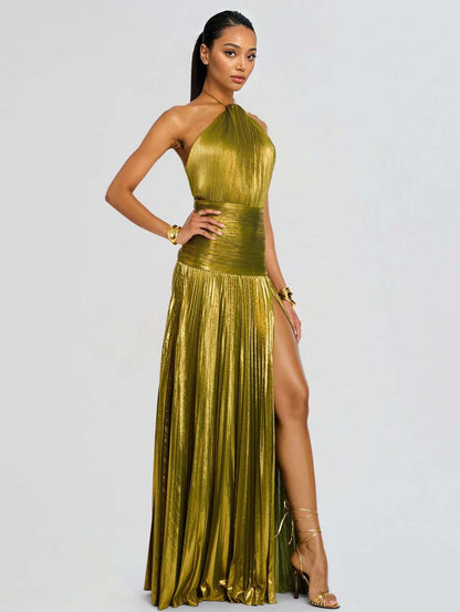 Metisa | Vestido Largo Plisado Metalizado Elegante Cuello Halter