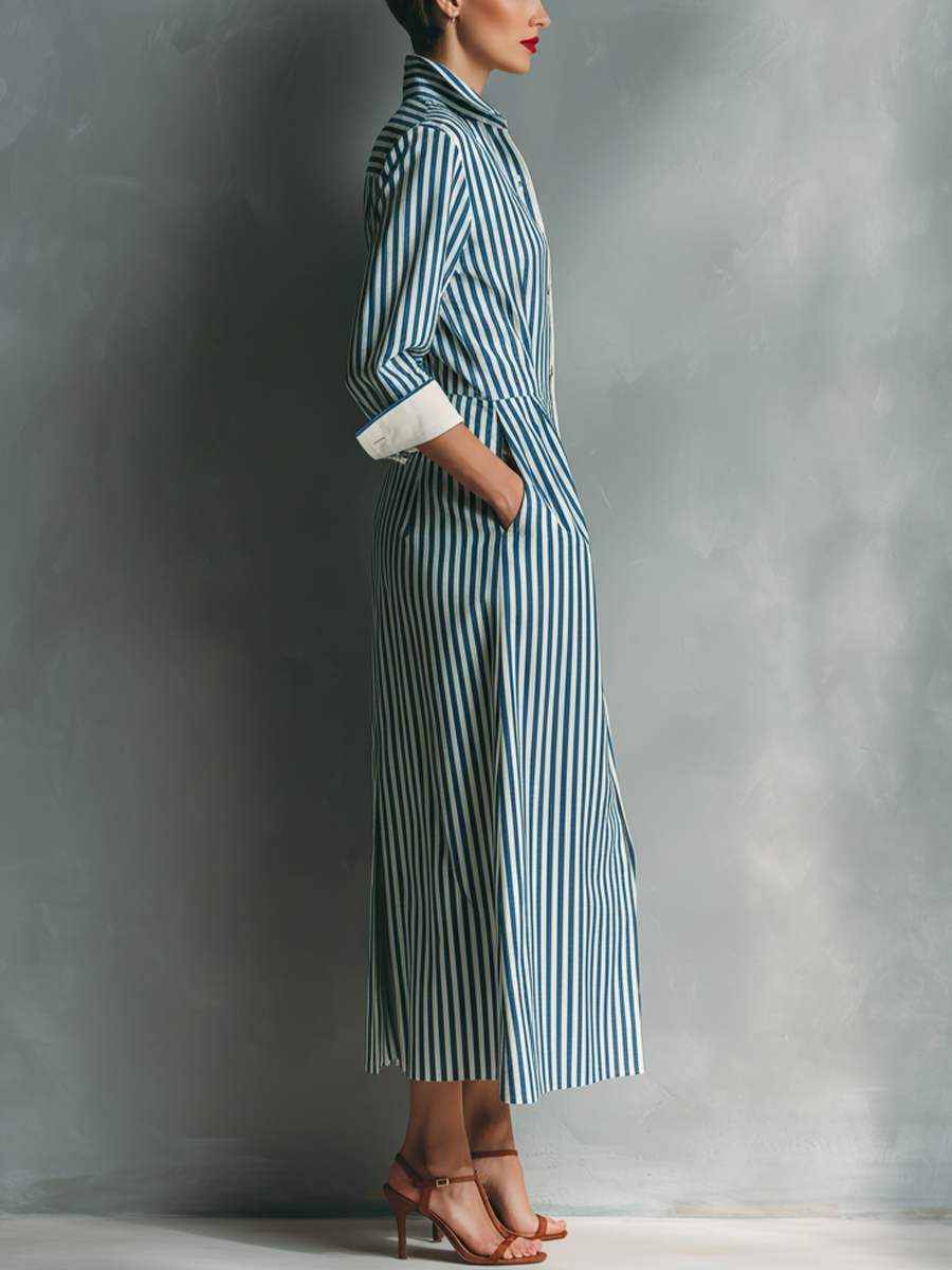 Mariel | Vestido Largo Camisero Rayas