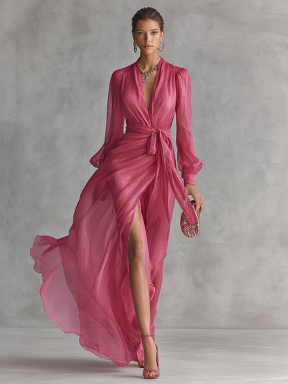 Elixia | Vestido Largo Elegante con Escote en V y Cintura Anudada