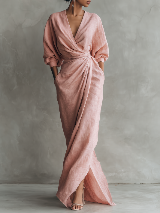 Sia | Vestido Largo de Lino Minimalista con Cuello en V