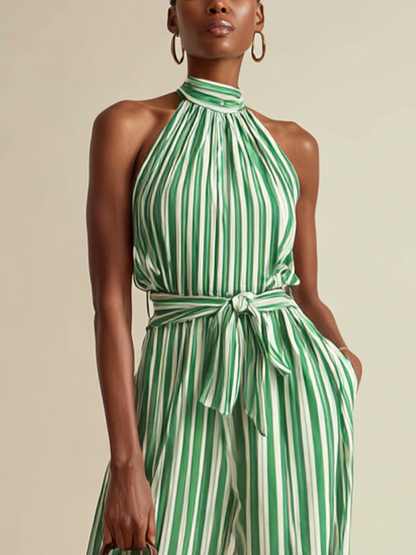 Versera | Mono Vacacional a Rayas con Cuello Halter y Pernera Ancha
