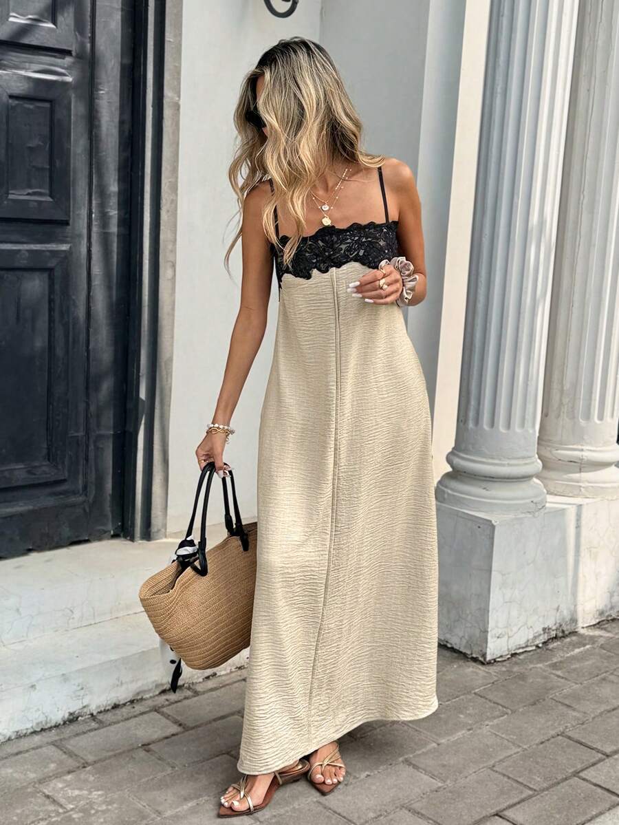 Avela | Vestido Largo Encaje Contraste