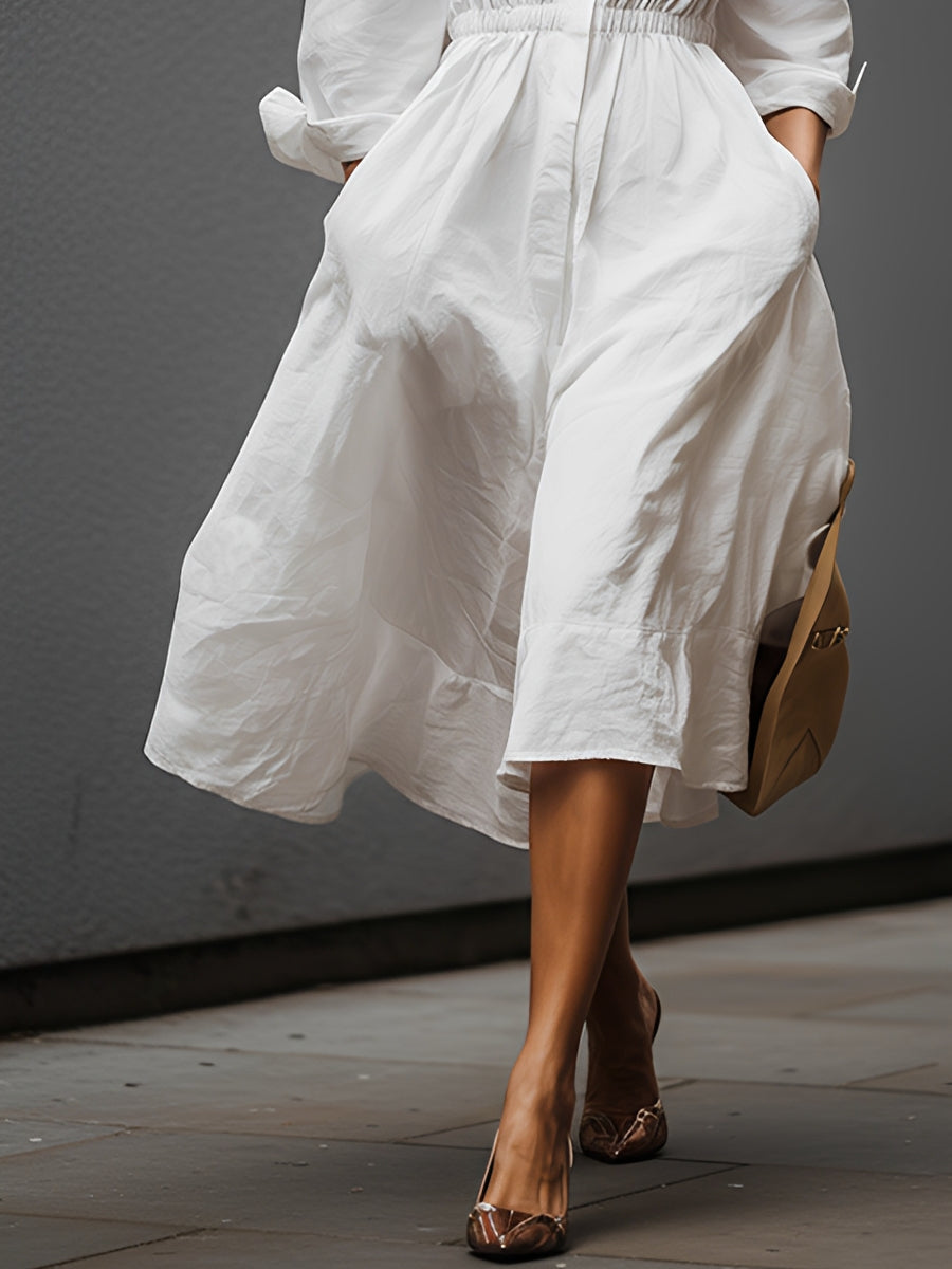 Leonora | Vestido Elegante de Lino con Cuello Camisero y Cintura Elástica