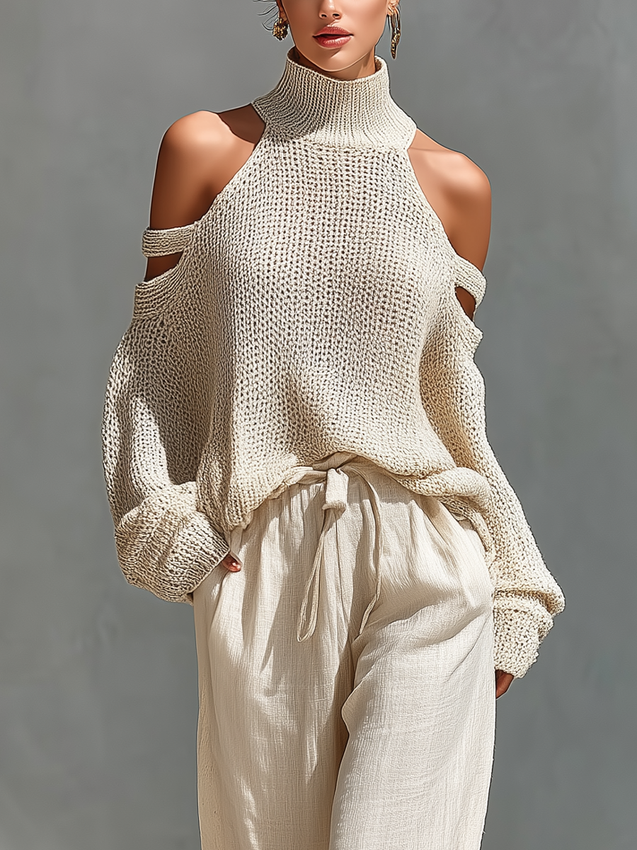 Velora | Conjunto de Punto con Cuello Alto Hombros Descubiertos y Pantalones Anchos